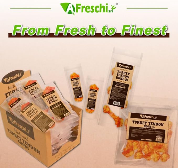 AFreschi Turkey Tendon of Dog Bones Shape, USA-Sourced, Limited-Ingredient, Rawhide-Free, Long-Lasting, All-Natural Dog Treats for Medium Dogs, 20 Count Box (M)