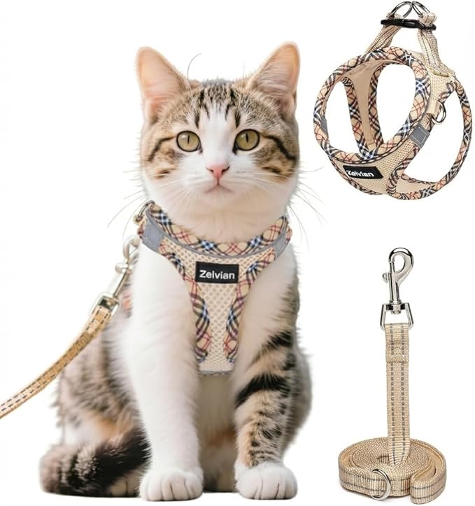 Cat Harness and Leash Set for Walking, Escape Proof Adjustable Soft Mesh Kitten Harness with Reflective Strips, Breathable No-Choke Pet Vest for Small Cats or Puppies(Beige,XXS)