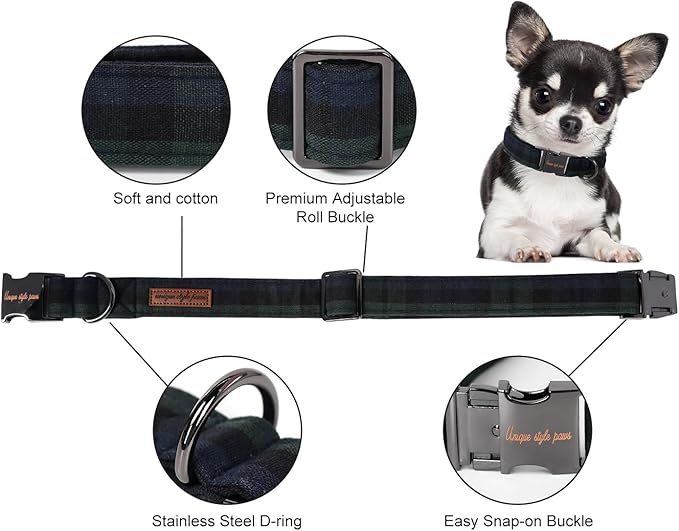 Unique style paws Dog Collar Metal Buckle Puppy Collar for Winter Christmas Green Plaid for Small Medium Large Boys Girls Dogs