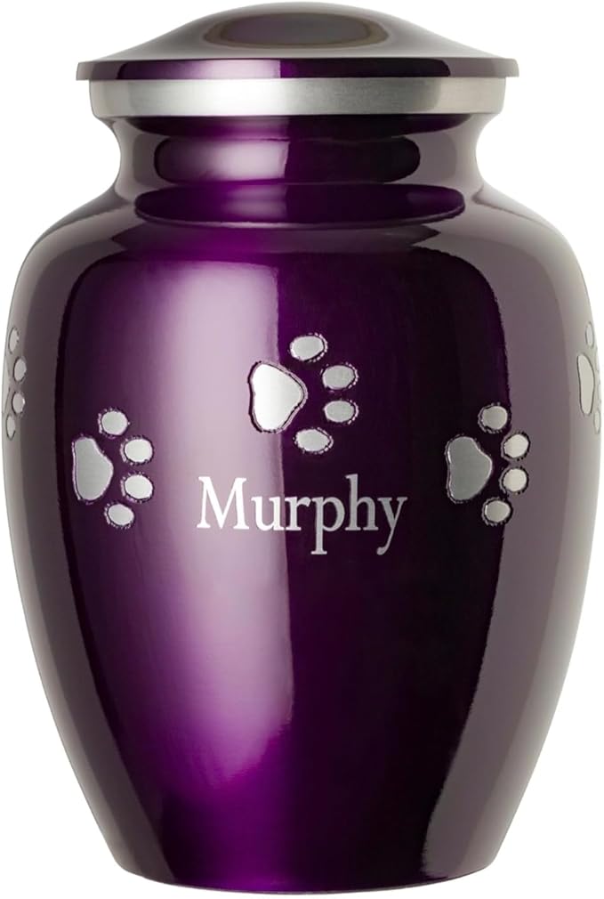 Pet Urn for Dogs and Cats with Personalized Laser Engraving, Ottillie Paws Premier Series Memorial Urns (Medium Amethyst Purple with Horizontal Pewter Paws)