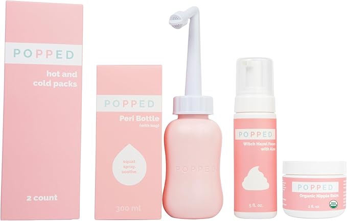 Popped New Mom Care Bundle & Baby Shower Gift Set - Peri Bottle, Witch Hazel Foam, Organic Nipple Balm, Hot/Cold Packs (2 Count) | Postpartum Essentials Bundle
