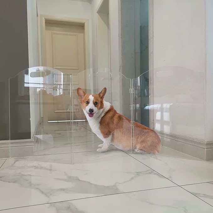 Clear Acrylic Freestanding Dog Gates for The House – Folding 3-Panel Pet Gates for Doorways, Indoor Stairs, and Hallways, Transparent Barrier for Dogs, Puppies, and Cats
