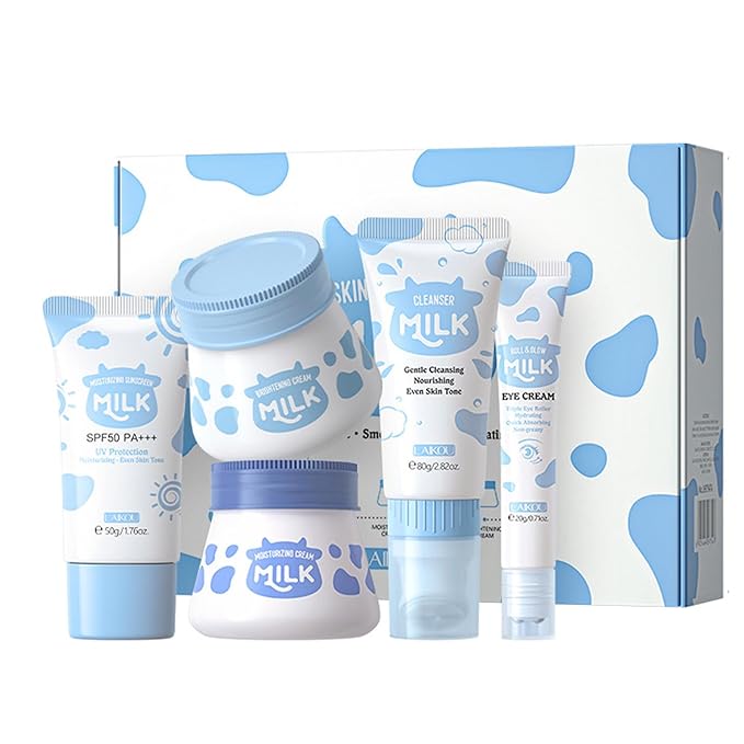 Milk Skincare Set Teen Women Beauty Gifts Set, Milk Skin Care for Girls 10-12 Hydrating, 5PCS Skincare Essentials Kit for Women with Eye Cream, Cleanser, Face Cream, Sunscreen, Cream