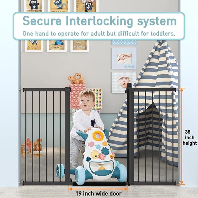 Fairy Baby 38" Extra Tall Baby Gate No Drill, 29.5"-32.2" Extra Wide Wide Dog Gate Indoor, Metal Pressure Mounted Safety Child Kid Gate, Auto Close Pet Puppy Cat Proof Gate for Stairs Doorway, Black