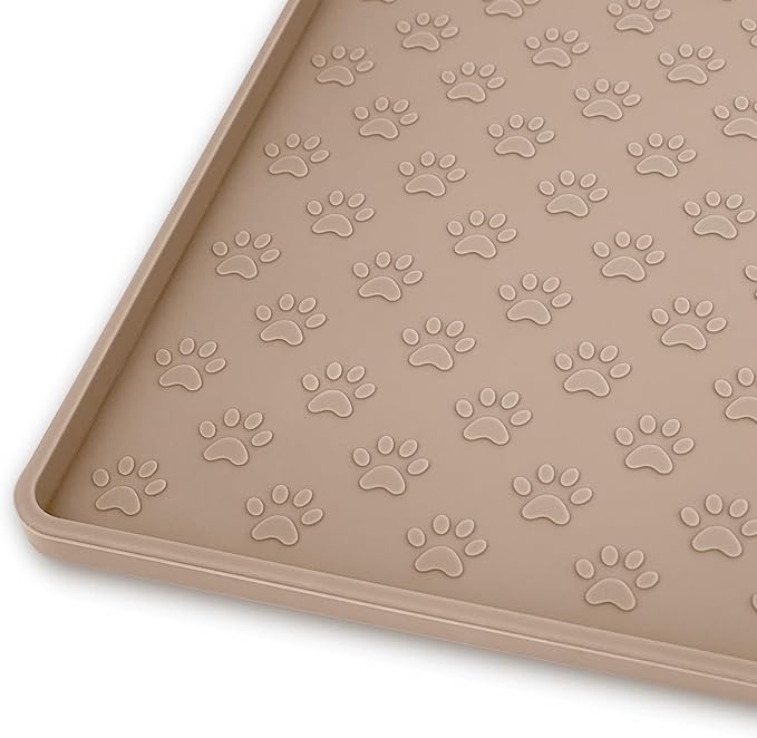 Ptlom Dog Food Mat Waterproof Pet Bowl Mats with High Lips, Non-Slip Dog Placemat Prevent Messy Spills to Floor, Silicone Puppy Feeding Tray for Small, Medium Large Dogs Cats, Taupe, 24.5" 16.5"
