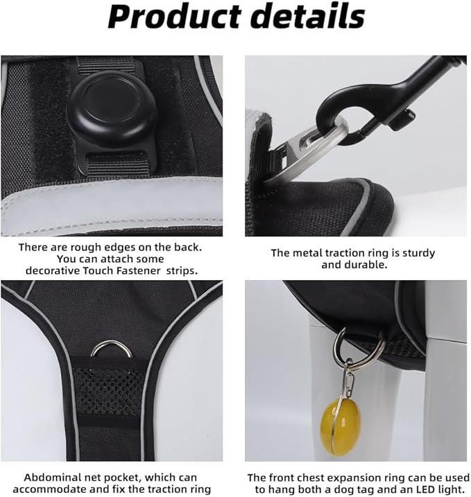 Airtag Dog Harness Chest Plate Reflective No Pull Harness with Leash for Extra Large Dogs (Black, XL)