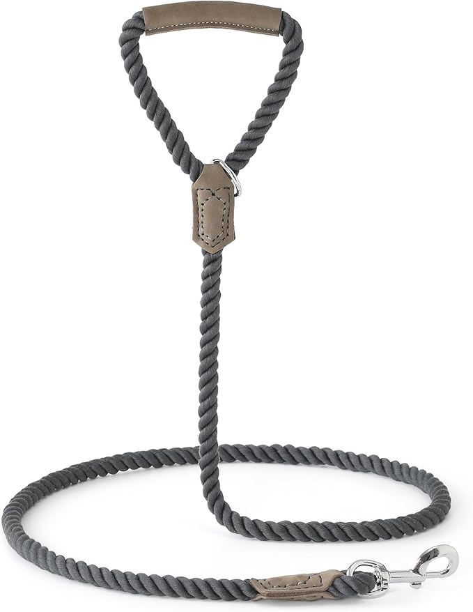 Mile High Life Dog Leash, Braided Cotton Rope Leashes with Leather Handle - Heavy Duty Metal Clasp, 6FT, 1/2" Thick - Wedding, Walking & Training Leash for Small Medium Large Dogs (Gray)