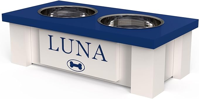 GTW Personalized Elevated Dog Bowl Stand for Large, Medium, Small, X-Small Dogs - Stainless Steel Food and Water Bowls - Raised Dog Dish with Internal Storage (X-Small, Blue)