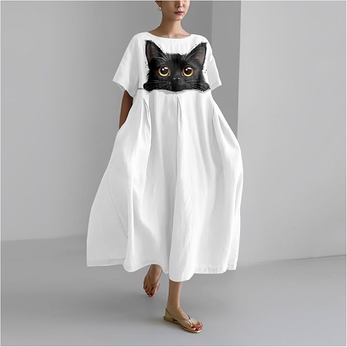 MARSVOVO Summer Dress for Women Funny Cat Graphic Cute Short Sleeve Maxi Dress Causal Plus Size Party Dress for Women
