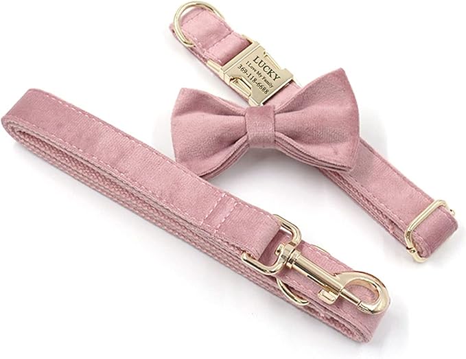 PETDURO Personalized Dog Collar Champagne Pink Soft Velvet for Large Medium Small Girl Dogs - Custom Collar with Name Phone Engraved on Gold Metal Buckle - Add Matching Leash Bow Set via Customize Now