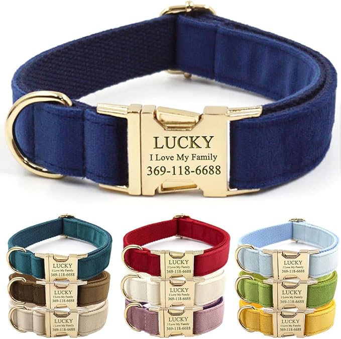PETDURO Custom Dog Collar Personalized with Name Engraved Quick Release Rose Gold Metal Buckle for Large Medium Small Girl Dogs - Dog Leash and Bow Tie Available - Soft Comfy Velvet (Dark Blue, XS)