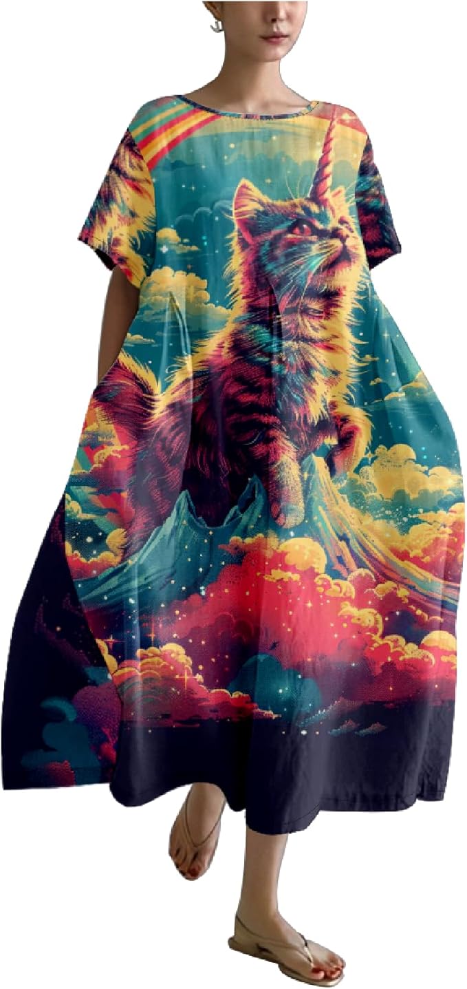MARSVOVO Summer Dress for Women Funny Cat Graphic Cute Short Sleeve Maxi Dress Causal Plus Size Party Dress for Women