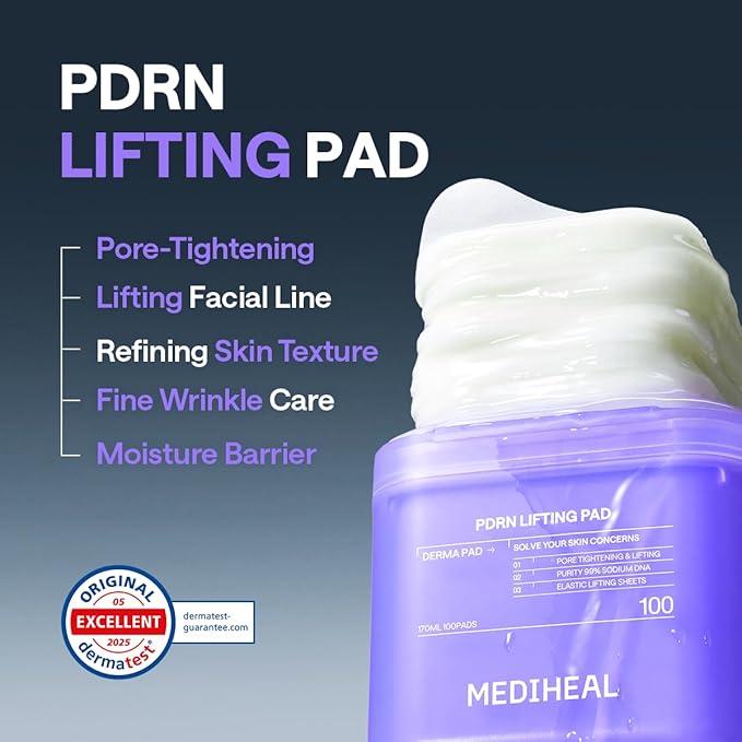 MEDIHEAL Toner Pads [PDRN] - Stretchable Lifting Pads with Squalane and Glutathione for Total Skin Care - Plant Based Rose PDRN - Wrinkle & Pore Care - Vegan Stretchable Lifting Fabric (100 Count)
