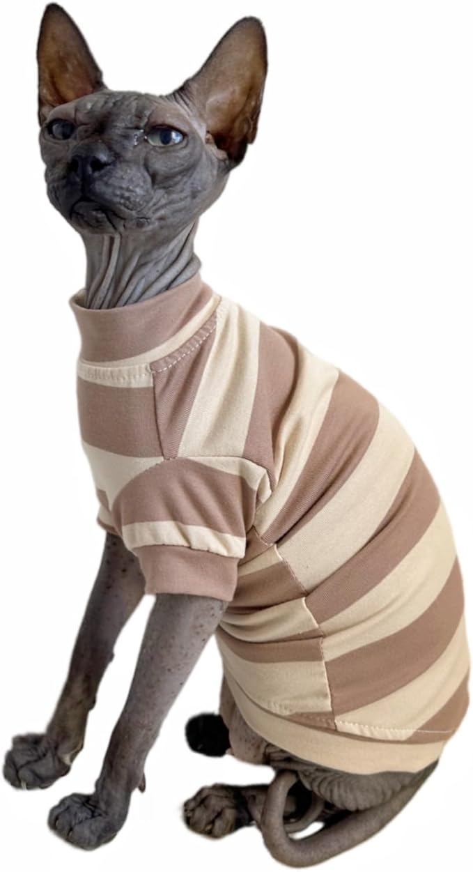 Sphynx Cat Clothes Shirts for Hairless Cat, Wide Stripe Cats Apparel, Kitten Summer Cotton T-Shirts with Sleeves for Cornish Rex, Devon Rex, Peterbald (Coffee, X-Large)
