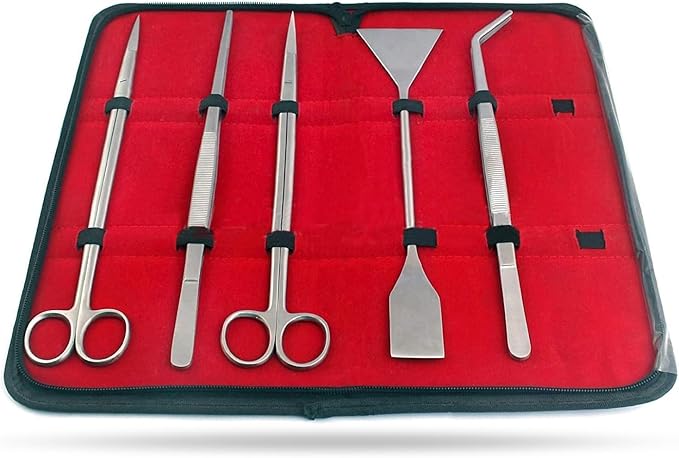 Stainless Steel Aquarium Aquatic Plant Tweezers Scissor Spatula Tools Set 5 Tools with Case Fish Starter Kits for Fish Tank Plants