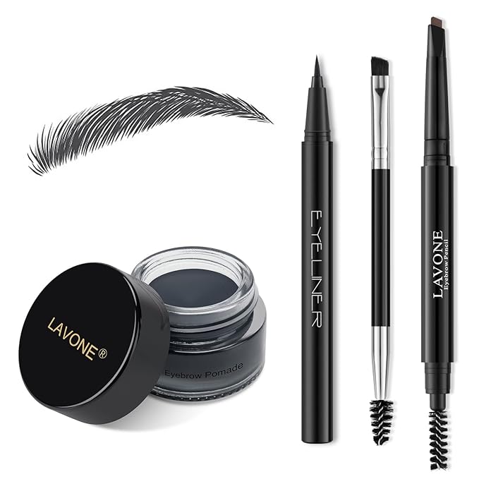 LAVONE Eyebrow Stamp Pencil Kit - Makeup Brow Stamp Trio with Waterproof Eyebrow Pencil, Eyeliner, Pomade, Dual-ended Brush - Dark Black