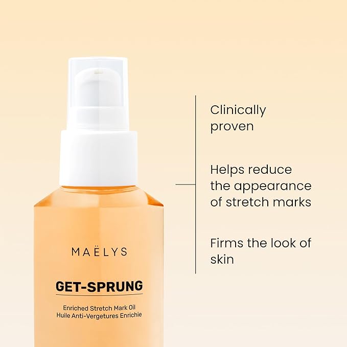 MAËLYS GET-SPRUNG Stretch Mark Body Oil - Skincare Formulated with Bisabolol & Sweet White Lupine - Helps Improve the Look of Stretch Marks & Skin Tone - Pregnancy & Postpartum Body Oil (2 Fl Oz)