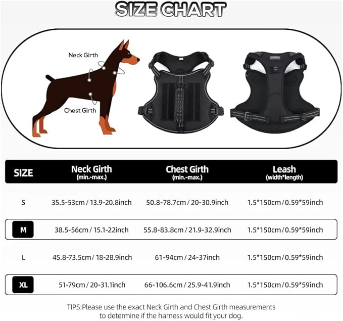 Tactical Dog Harness with Leash for Large Dogs, No Pull Adjustable Dog Harness, Reflective K9 Working Pet Vest for Walking, Training (Black, L)