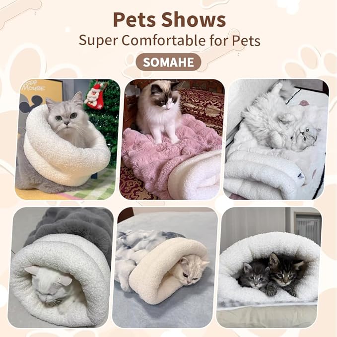 4 in 1 Cat Sleeping Bag 360° Wrap Cat Bed Plush & Warm Winter Sleeping Bag for Small Pets (Up to 15 lbs) Beige 21 × 17 Inch