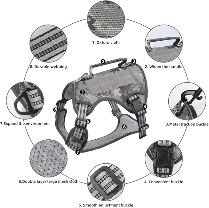 Tactical Dog Harness with Leash for Large Dogs, No Pull Adjustable Dog Harness, Reflective K9 Working Pet Vest for Walking, Training (Camouflage Grey, L)