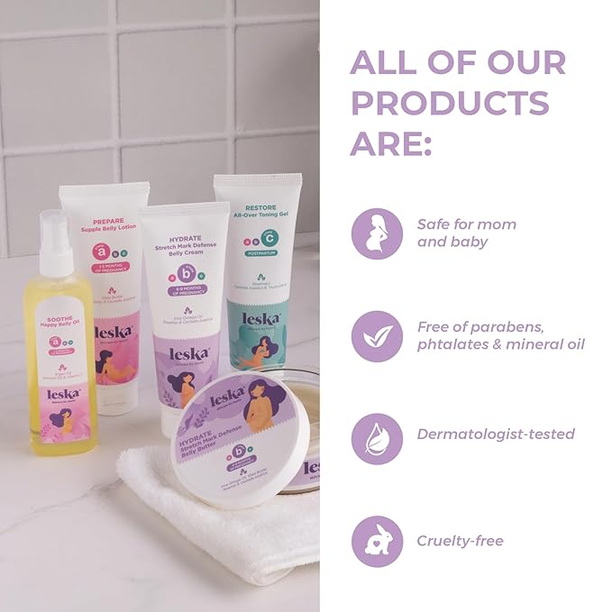 Leska Maternity Stages B & C Set | HYDRATE Belly Cream & RESTORE All-Over Toning Gel | Pregnant Moms Months 6-9 and Postpartum | Part of Complete 3-Part Maternity Skincare System (Set of 2, 4oz each)