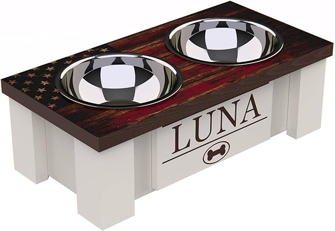 GTW Personalized Elevated Dog Bowl Stand for Large, Medium, Small, X-Small Dogs - Stainless Steel Food and Water Bowls - Raised Dog Dish (X-Small, Flag Design)