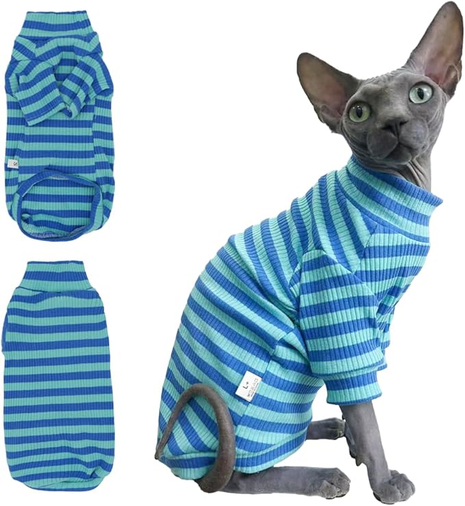 Striped Waffle Knit Shirt for Sphynx Cat, 2-Leg Long Sleeve Lightweight Outfit for Hairless Cats, Soft All-Season Pet Clothes (Blue, Large (5-7 lbs))