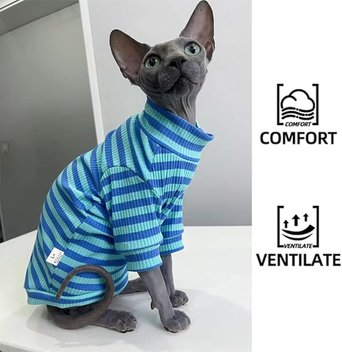 Striped Waffle Knit Shirt for Sphynx Cat, 2-Leg Long Sleeve Lightweight Outfit for Hairless Cats, Soft All-Season Pet Clothes (Blue, XXX-Large (12-15 lbs))