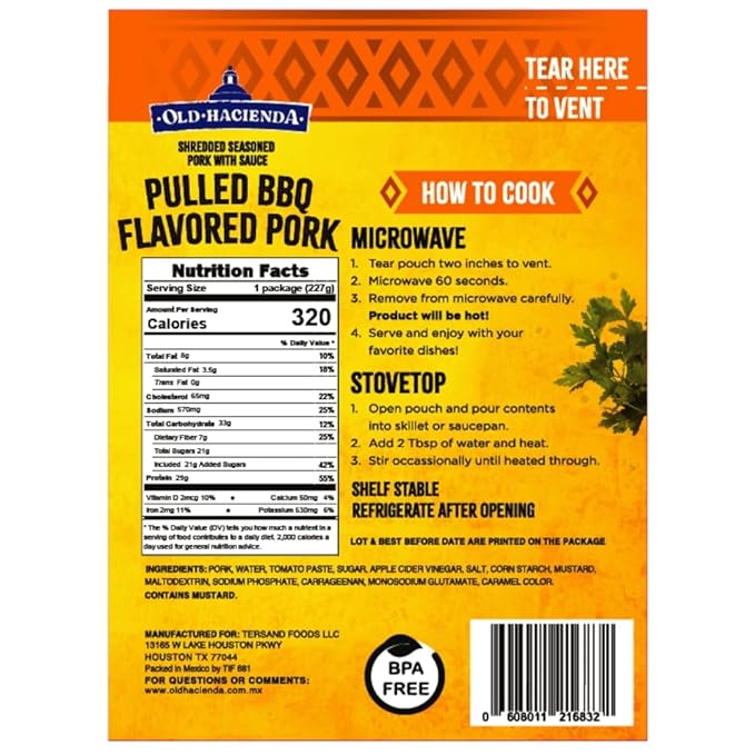 Old Hacienda Pulled BBQ Flavored Pork | 100% Shredded Seasoned Pork with Sauce | Fully Cooked & Ready to Eat | 29g Protein | No Preservatives or Artificial Flavors | BPA Free Pouch | Pack of 3-8oz