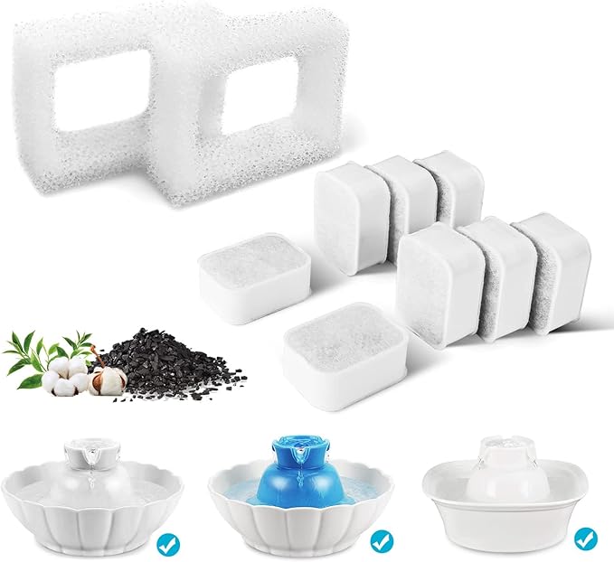 10 Pack Cat Water Fountain Replacement F-ilters, 8 Pack Pet Fountain Replacement F-ilters and 2 Pack Foam Filters for Tritone/Fiumi Ceramic Pet Lotus Ceramic Pet Drinking Fountain