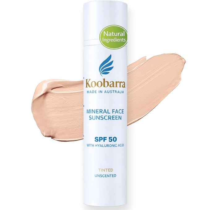 Mineral Face Sunscreen SPF 50, Tinted Aussie Zinc Oxide Sunblock with Hydrating Hyaluronic Acid, Reef Safe, Natural, Vegan, Australian Made, Great for Sensative Skin, Unscented, 100g 3.4oz