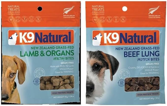 K9 Natural, Freeze-Dried Single Ingredient Dog Treats, High-Value, Low-Calorie Protein Bites for Active Dogs, Healthy Dog Training Treats, Grain-Free Reward, Lamb & Organs 1.76oz and Beef Lung 2.1oz