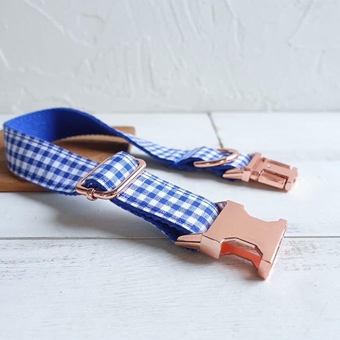 PETDURO Personalized Gingham Plaid Dog Collar Blue - Engraved Name and Phone Number on Rose Gold Metal Buckle - Custom for Small Medium Large Boy Girl Dogs - Add Leash Bow Tie via Customize Now