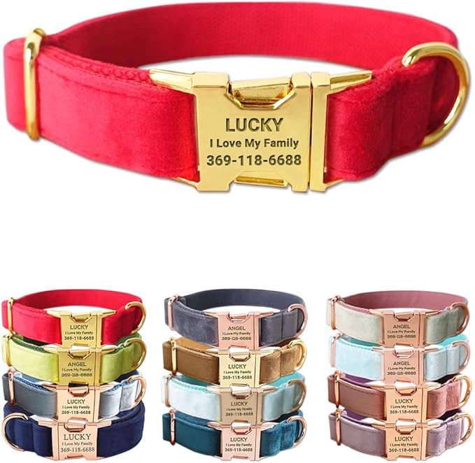 PETDURO Personalized Dog Collar Red Soft Velvet for Large Medium Small Boy Girl Dogs - Custom Collar with Name Phone Engraved on Bright Gold Metal Buckle - Add Matching Leash Bow Set via Customize Now