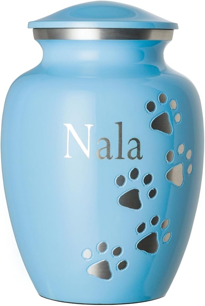 Pet Urn for Dogs and Cats with Personalized Laser Engraving, Ottillie Paws Premier Series Memorial Urns (Large Baby Blue with Vertical Pewter Paws)