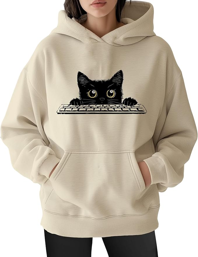 Womens Funny Cat Hoodies Oversized Graphic Hooded Sweatshirt for Women Fall Plus Size Pullover Hoodie Y2K