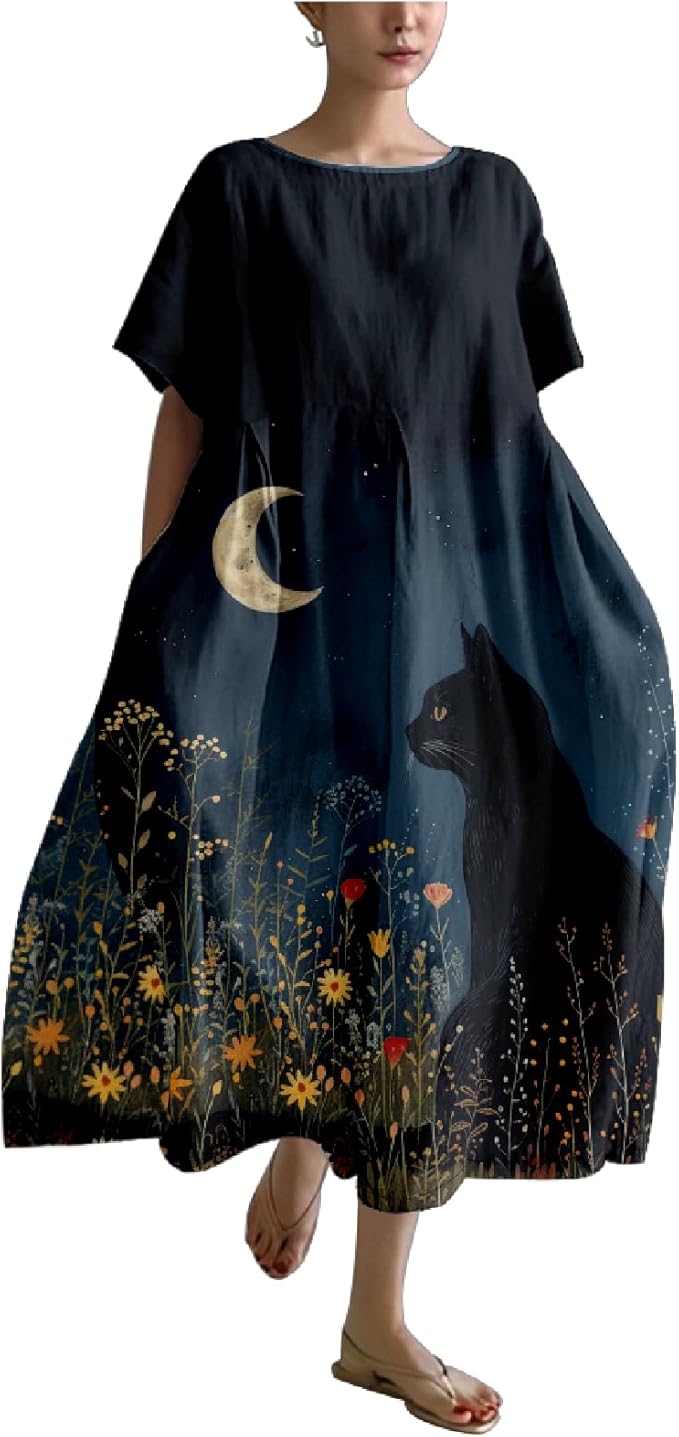 MARSVOVO Summer Dress for Women Funny Cat Graphic Cute Short Sleeve Maxi Dress Causal Plus Size Party Dress for Women
