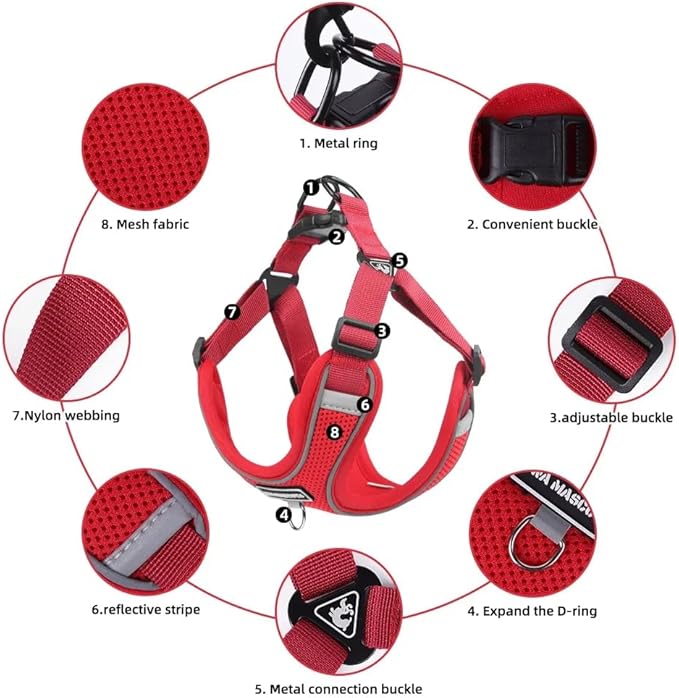 Dog Harness and Leash Set, Adjustable Triangle, Reflective Adjustable Puppy Vest, No Pull Soft Mesh Harness for Small, Medium Dogs, Cats (Red, M)