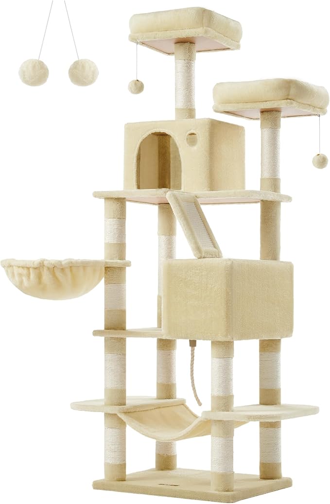 Feandrea Cat Tree, 66.1-Inch Large Cat Tower with 13 Scratching Posts, 2 Perches, 2 Caves, Basket, Hammock, Pompoms, Multi-Level Plush Cat Condo for Indoor Cats, Beige UPCT165M01