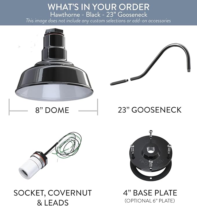 Steel Lighting Co. | Dusk to Dawn | Hawthorne Barn Light | Outdoor Wall Mounted | 8 in Dome | 23 inch Gooseneck| Small Farmhouse Light Made in America | Black Exterior/White Interior