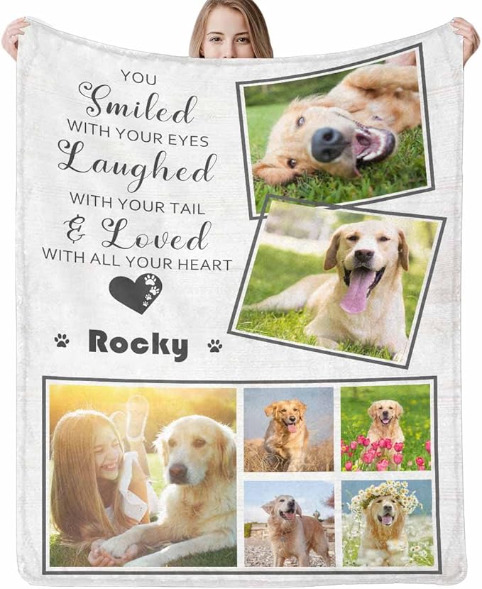 Personalized Throw Blanket with Dog Photo,Dogs Memorial Blankets Customized with Name for Dog Pet Cat Loving Remembrance Custom Soft Fleece Throw Blankets Memory Gift for Family and Friends