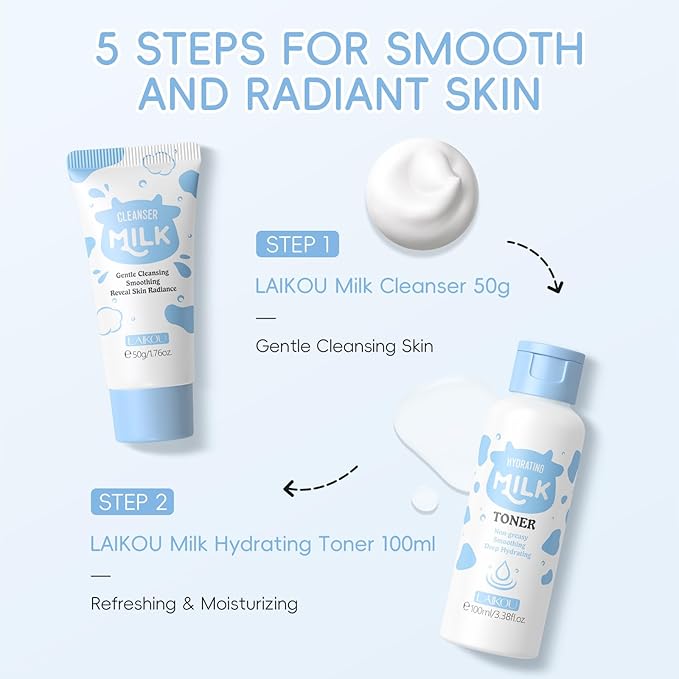 LAIKOU Skin Care Set, Skin Care Routine Kit for Women, Skincare Gift Set, Travel Size Toiletries with Milk Cleanser, Toner, Serum, Eye Cream, Face Cream Mother's Day Christmas Birthday Daughter Wife