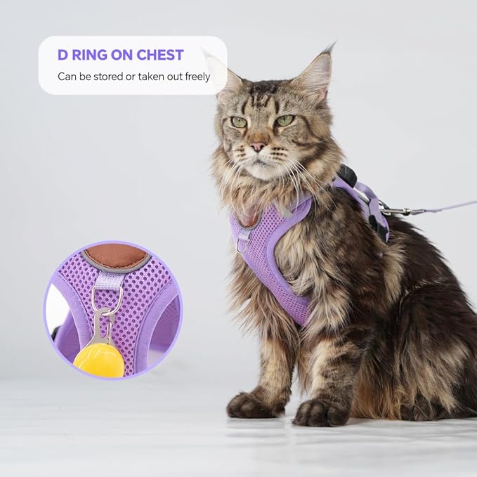 Cat Harness and Leash Set with AirTag Holder: Upgraded Escape Proof Vest with Lead for Small Dog Puppy Large Cat Walking，Soft Breathable Mesh Coat with Reflective Strip (Purple, M)