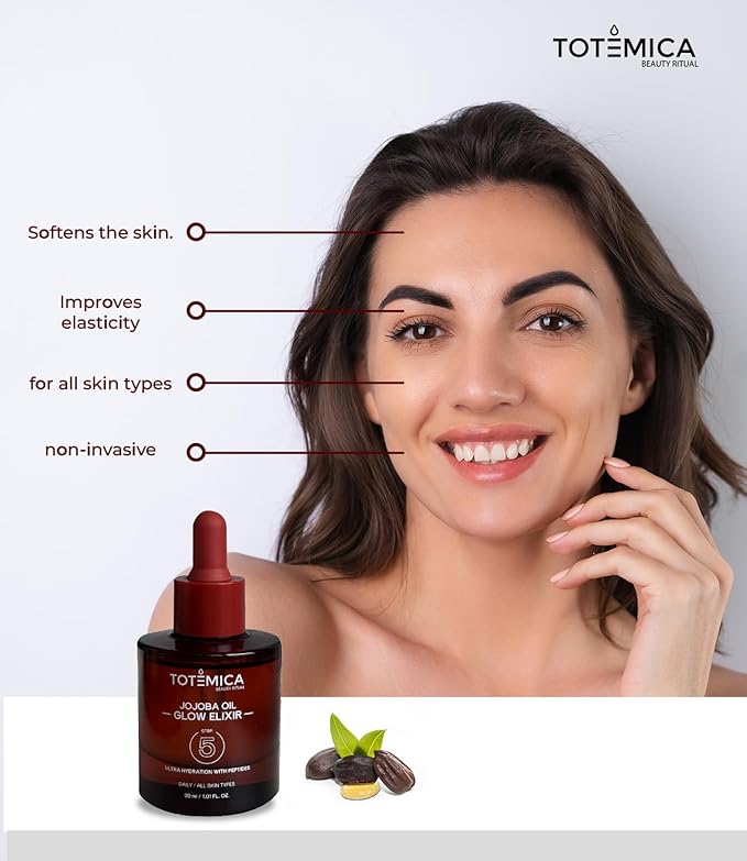 TOTEMICA Organic Jojoba Oil Glow Elixir – Hydrating & Anti-Aging face oil with Peptides | Vegan & Non-Comedogenic facial oil & moisturizing body oil for skin oil & hair oil (1.01 Fl Oz)
