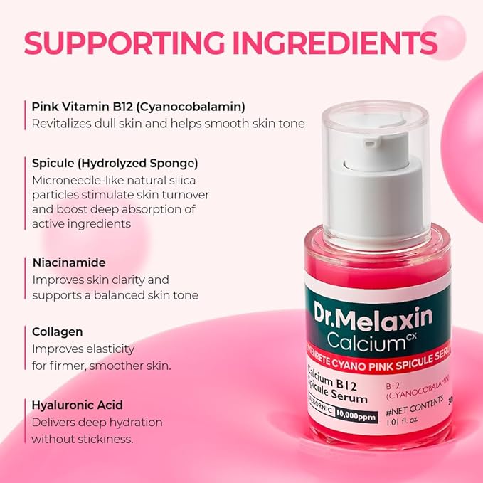Dr.Melaxin Cemenrete Cyano Pink Spicule Serum with Calcium, korean skin care pore tightening refines spicule microneedling serum 1.01 fl. oz.