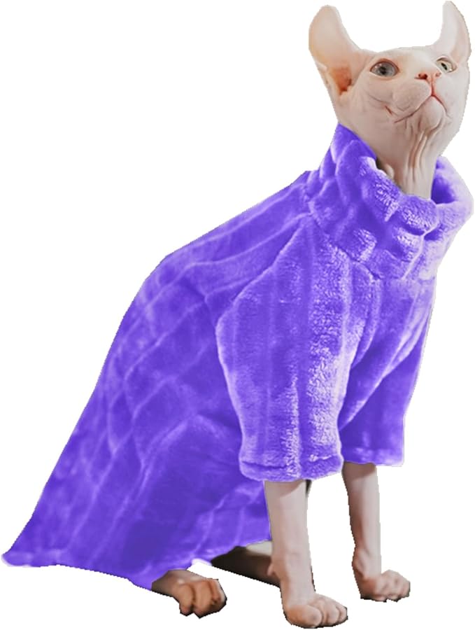 Turtleneck Sweater for Sphynx Cat Soft Coral Fleece Cat Clothes Thick Winter Warm Outfit Coat for Hairless Cats and Small Dogs Apparel with Sleeves (Purple, M (5-7 lbs))