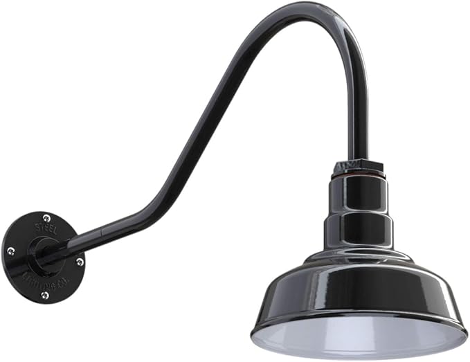 Steel Lighting Co. | Dusk to Dawn | Hawthorne Barn Light | Outdoor Wall Mounted | 8 in Dome | 23 inch Gooseneck| Small Farmhouse Light Made in America | Black Exterior/White Interior