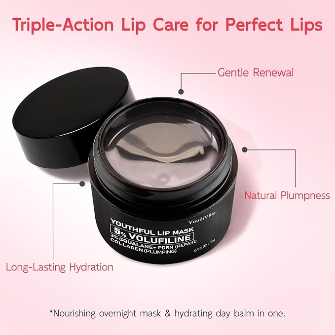 YouthVibe Lip Mask Overnight Moisturizing - Nourish & Hydrate, Antioxidants, 5% Volufiline, Vitamin E, Shea Butter, PDRN & Collagen Sleeping Lip Treatment for Dry, Chapped Lips