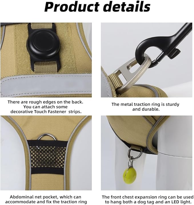 Airtag Dog Harness Chest Plate Reflective No Pull Harness with Leash for Extra Large Dogs (Khaki, L)