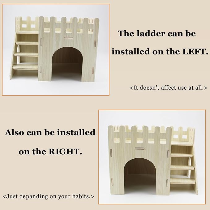 Amonk Hamster Hideout 10x8x7 inch Large Size Wooden House Wood Hut Habitats Decor with Climbing Ladder for Bunny, Chinchillas, Dwarf Rabbits, and Other Small Pet Animals